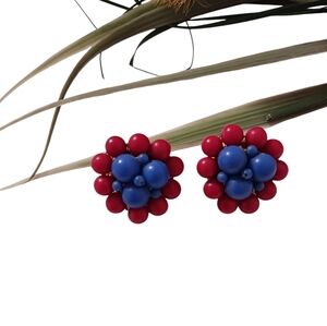 VINTAGE 1960S RED & BLUE BEADED CLUSTER CLIP-ON EARRINGS